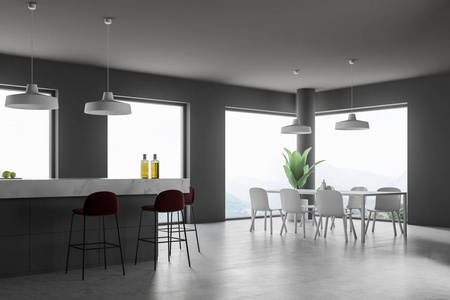现代厨房和餐厅的角落，灰色的墙壁，混凝土地板，白色和灰色的岛屿，深红色的凳子，白色的桌子，椅子。 3D渲染