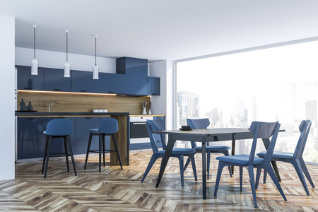 全景厨房内部有白色墙壁木制地板蓝色台面黑色和木制酒吧以及带有蓝色椅子的桌子。 3D渲染
