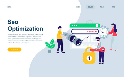 现代平面网页设计模板的SEO分析装饰人物性格为网站和移动网站的发展。 平面登陆页面模板。 矢量图。