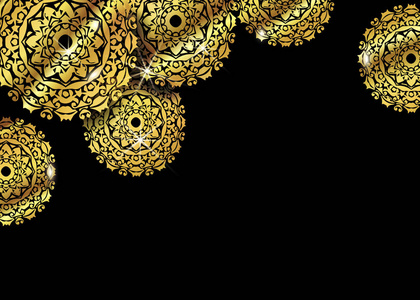 豪华观赏曼陀罗设计背景的金色。 矢量设计模板。 名片与花圈装饰。 金色框架曼陀罗花边风格与激光切割黑色背景