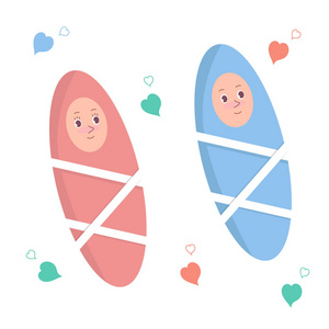 两个可爱的卡通婴儿，一个女婴和一个男婴。 背景上有心脏的孤立矢量插图。