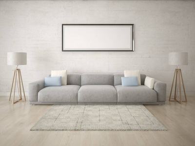 模拟原始客厅与一个大的舒适沙发和明亮的时髦背景。