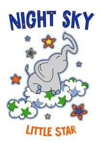 可爱的大象在云手绘矢量插图。 可用于T恤打印儿童穿时尚设计儿童睡衣婴儿淋浴邀请卡海报。 小明星。