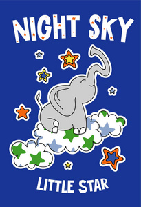 可爱的大象在云手绘矢量插图。 可用于T恤打印儿童穿时尚设计儿童睡衣婴儿淋浴邀请卡海报。 小明星。