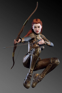 幻想弓箭手或游侠女性,带红色头发的皮甲照片