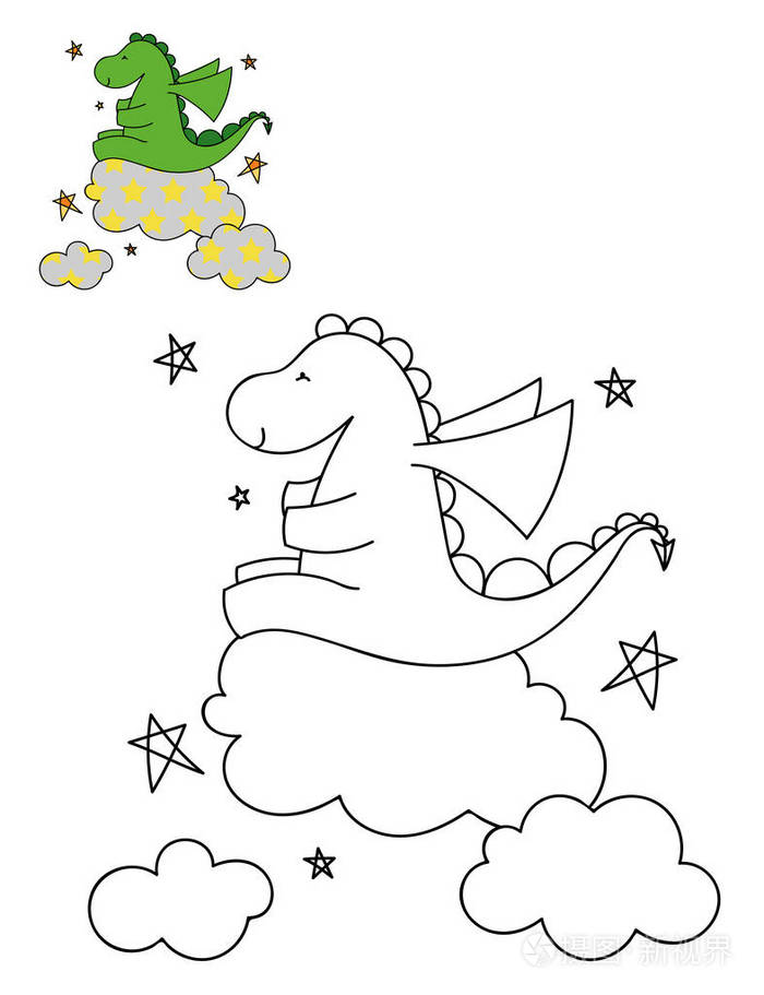卡通可爱恐龙在云上的着色页轮廓手绘矢量插图给孩子们的着色书孤立的