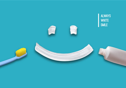 健康清新的微笑插图。白色牙膏与牙刷和浆糊管。矢量医用横幅设计