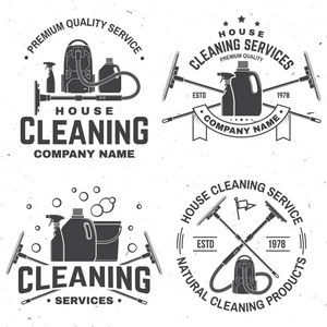 清洁公司徽章, 徽章。向量例证。衬衫邮票或 t恤的概念。复古排版设计与清洁设备。公司相关业务的清洁服务标志