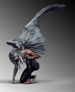 天使纹性感肌肉纹身男性天使与白色翅膀照片