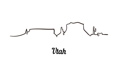 一条线风格的犹他州天际线。 简单的现代极简主义风格向量孤立在白色背景上。