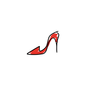 手绘漂亮的红色皮鞋，高跟鞋。 时尚插图隔离在白色背景女孩素描购物标签或浅滩标志型。 手写体文字
