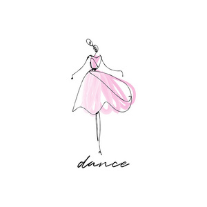 跳舞的女孩. 时尚模特手绘素描风格墨线轮廓隔离在白色背景上.