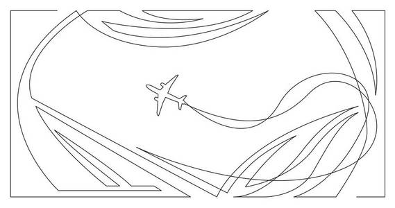 空中飞机的抽象未来派建筑，白色背景的单线矢量图形