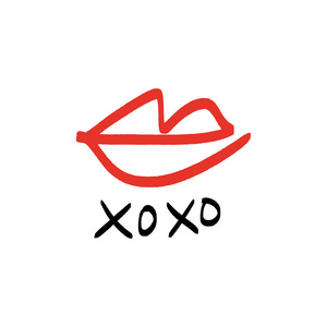 手绘红色口红亲吻符号拥抱和亲吻文字。 矢量插图