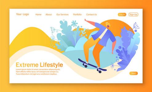 概念登陆页面健康生活方式主题与快乐的男人性格。 他骑滑板做滑板把戏。 移动网站或网页的健康生活方式概念。