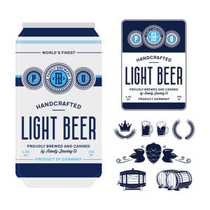 手工制作的轻啤酒标签上的铝罐。 酿造公司品牌和身份图标和设计元素。