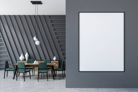 餐厅内部有灰色的墙壁，混凝土地板，黑色和木制的桌子，绿色的椅子，壁橱和墙上的垂直海报。 3D渲染模拟
