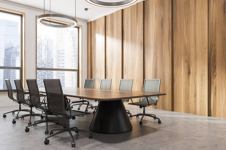 办公室会议室的角落有深色的木墙石头地板两扇大窗户和黑色椅子的长长的深色木桌。 3D渲染