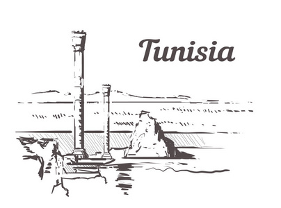 突尼斯的手绘。 在迦太基素描风格矢量插图中的Antoninus浴。孤立在白色背景上。