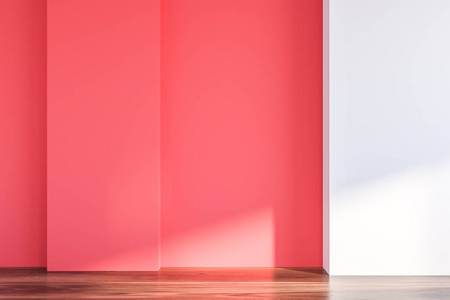 房间内部有粉红色的墙壁，白色的墙壁碎片在右边和木制的地板上。 室内设计的概念。 3D渲染