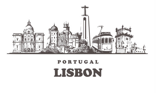 里斯本素描天际线葡萄牙复古矢量插图。手绘里斯本城市孤立在白色背景上