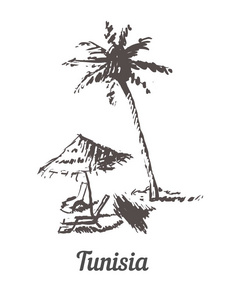 突尼斯天际线手绘。 突尼斯棕榈滩素描风格矢量插图。孤立在白色背景上。