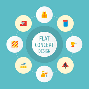 一套工业图标平面风格符号与安全夹克, 危险标志, 木工工作和其他图标为您的网络移动应用程序标志设计