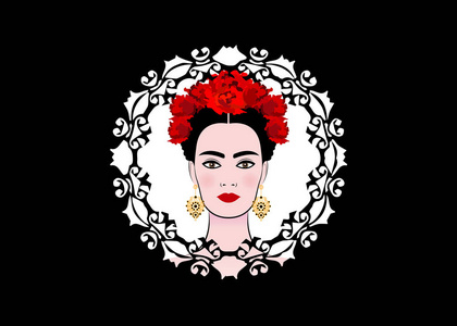 具有传统发型的年轻美丽的拉丁美洲女人的肖像。西班牙风格的模特。墨西哥金耳环，用红花冠手工制作。激光切割黑色背景