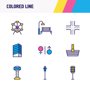 9个基础设施图标的向量例证着色的线。可编辑的交通灯wc购物和其他图标元素