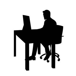 一个男人坐在电脑图标后面的黑色轮廓矢量工作男人工作场所概念学生工作笔记本电脑