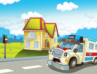 城市中的卡通场景，为孩子们提供快乐的救护车插图