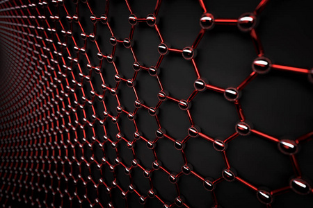 石墨烯表面光滑的红色键和灰色碳原子的三维渲染照片
