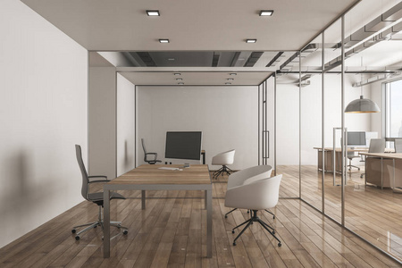 新办公室内部有工作场所和日光。 3D渲染