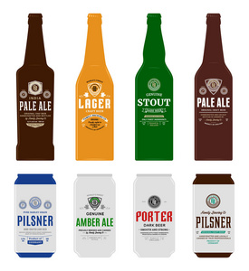 啤酒标签瓶，并可以模拟模板。 淡麦啤酒皮尔斯纳，拉格，粗壮的波特和琥珀啤酒标签。 酿造公司品牌和身份设计元素。