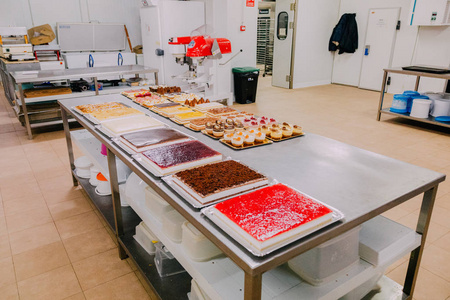 在食品厂的金属桌子上准备了许多不同的糖果