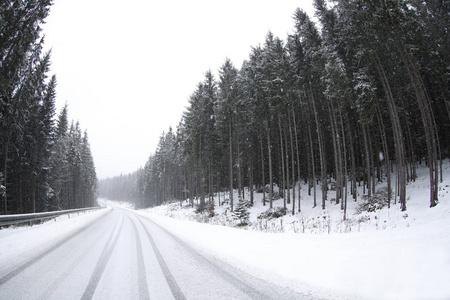 美丽的风景，有针叶林和道路，雪冬天