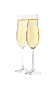 在白色隔离的起泡香槟杯。梅里圣诞节和新年快乐的概念