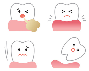 一组牙龈疾病症状与可爱的卡通人物牙齿插图:出血敏感性松散和脓.