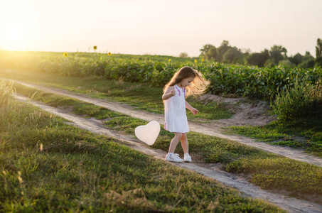 小女孩在草地上的田野里戴着白色的心。 快乐情人节和母亲节的概念。 软焦