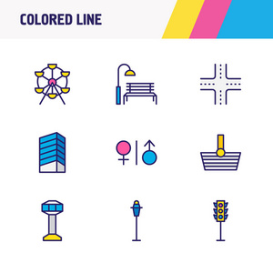 9个基础结构图标彩色线的插图。可编辑的交通灯wc购物和其他图标元素