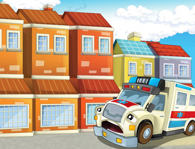 城市卡通场景与快乐救护车儿童插图