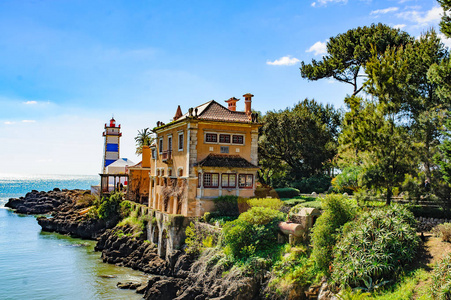 圣玛塔灯塔和博物馆的美丽景色，位于葡萄牙卡斯凯附近的利斯博亚