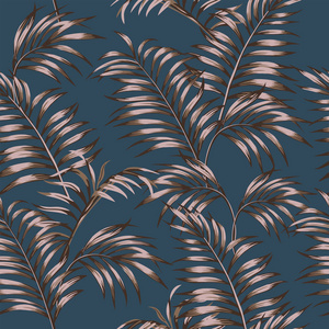 深蓝色背景上的抽象棕色热带树叶无缝图案