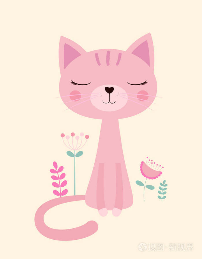 可爱的粉红色猫,可爱的卡通小猫,带有花卡,用于设计打印海报等.