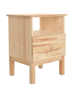 白色背景上的木制小柜子。 衣柜室家具