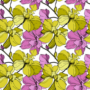 在白色上分离出粉红色和黄色的兰花。 无缝背景图案。 织物壁纸印花纹理。