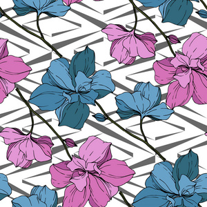 矢量蓝色和粉红色兰花在白色几何背景。无缝背景图案。织物壁纸印花纹理。