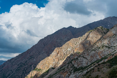 丘陵地形图高山. 山地景观. 积雪覆盖的山坡. 多云的天空丘陵地形.