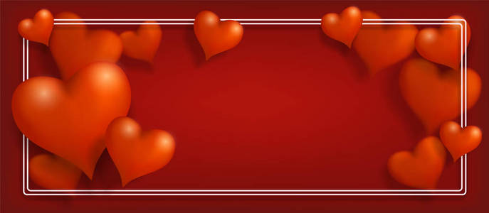 s Day greeting banner card with bulk 3d hearts on red background