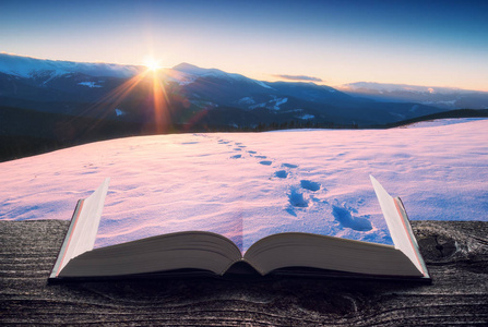 山谷覆盖着新鲜的雪,在一本开放的魔法书的页面上. 雄伟的风景.